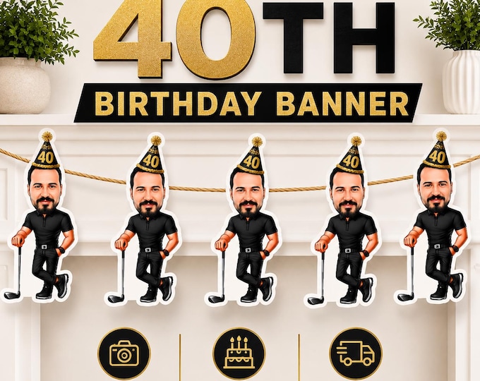 Fore-ty 40th Birthday Golf Banner - Personalized Retirement Party Sign, Funny Golfer Photo Garland, Milestone Birthday Decorations Decor