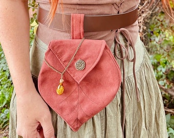 Ren Faire Leaf Pouch: Suede Cosplay Belt Bag with Moss Potion