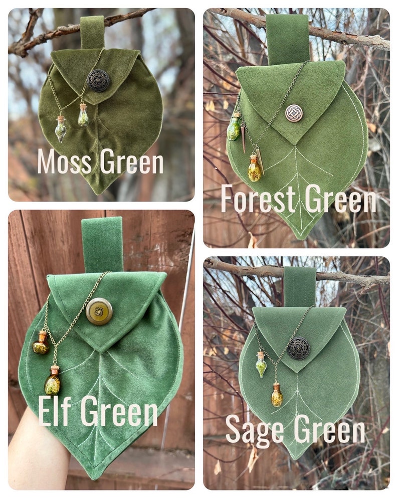 May include: Four leaf-shaped pouches in different shades of green: Moss Green, Forest Green, Elf Green, and Sage Green. Each pouch has a small metal button and a chain with small glass bottles hanging from it.