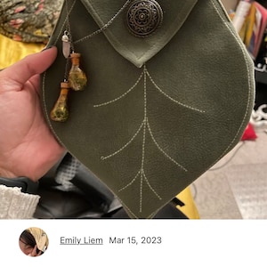 May include: A green leaf-shaped pouch with a silver chain and a decorative metal button. The pouch has a white stitching design and is made of leather.