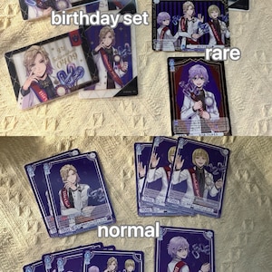 K&ouml;nnte beinhalten: Eine Sammlung von Charakterkarten mit Illustrationen von M&auml;nnern im Anime-Stil. Die Karten sind mit "birthday set", "rare" und "normal" beschriftet. Die Karten haben ein lila und wei&szlig;es Farbschema.