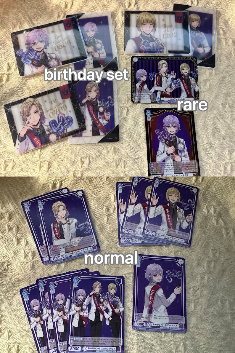 K&ouml;nnte beinhalten: Eine Sammlung von Charakterkarten mit Illustrationen von M&auml;nnern im Anime-Stil. Die Karten sind mit "birthday set", "rare" und "normal" beschriftet. Die Karten haben ein lila und wei&szlig;es Farbschema.