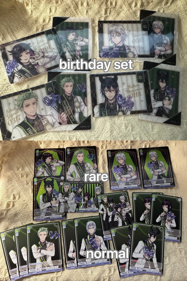 K&ouml;nnte beinhalten: Eine Sammlung von Charakterkarten, einige mit der Aufschrift "birthday set", "rare" und "normal". Die Karten zeigen Illustrationen von Charakteren im Anime-Stil in formeller Kleidung, die Blumenstr&auml;u&szlig;e und Geburtstagsrequisiten halten. Die Karten haben einen schwarzen Rand.