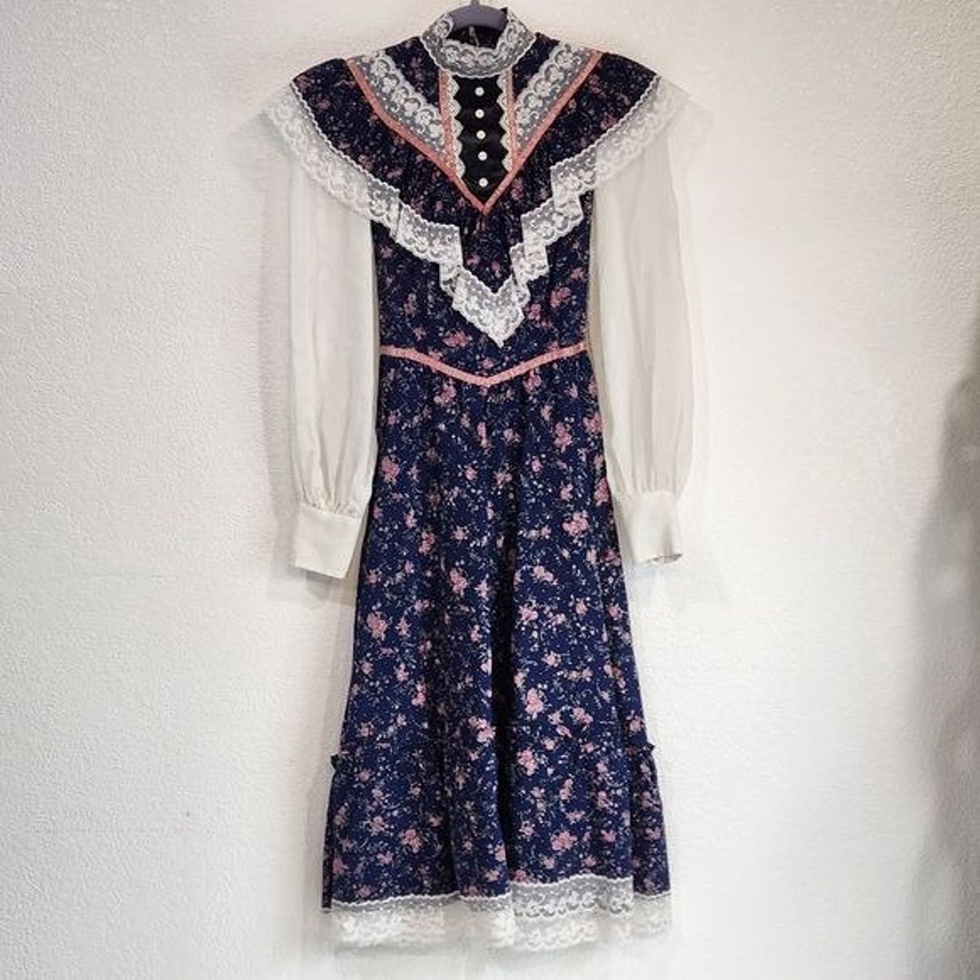 Gunne Sax Vintage Prairie Navy Blue Floral Dress Long Sleeve - Etsy