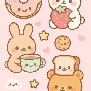 Puede incluir: Una linda ilustraci&oacute;n con una rosquilla glaseada rosa, un oso blanco sosteniendo una fresa, un conejito con una taza de t&eacute;, una galleta y un oso con tostadas en la cabeza. El fondo es rosa claro con corazones y estrellas.