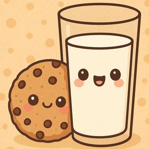 以下が含まれることがあります： チョコレートチップクッキーと牛乳のグラスの漫画イラスト。どちらも笑顔です。クッキーは丸く、茶色で、チョコレートチップが付いています。牛乳は透明なグラスに入っており、背景は小さなドットのある明るいタン色です。