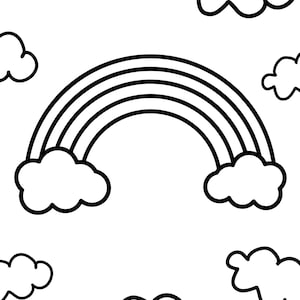 Peut inclure: Illustration en noir et blanc d'un arc-en-ciel à quatre bandes, arqué entre deux nuages ​​duveteux. Plusieurs autres nuages ​​duveteux sont dispersés autour de l'arc-en-ciel, tous soulignés en noir sur fond blanc. Un design joyeux.