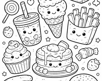 Könnte beinhalten: Schwarz-Weiß-Illustration verschiedener Lebensmittel mit lächelnden Gesichtern, darunter ein Donut, eine Eistüte, ein Milchkarton, Pommes Frites, ein Cupcake, Pfannkuchen, ein Pizzastück, Süßigkeiten, Sushi und ein Hamburger. Herzen und Sterne sind verstreut.