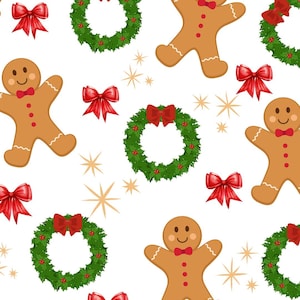 May include: A seamless pattern featuring gingerbread men, wreaths, and red bows on a white background. The gingerbread men are smiling and have red bows around their necks. The wreaths are green and have red bows on top. The bows are red and have a white background.