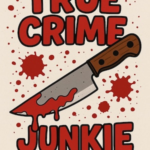 May include: A graphic design featuring the text "TRUE CRIME JUNKIE" in red, with a knife and blood splatter illustrations. The knife has a wooden handle and a silver blade with red blood dripping from it.