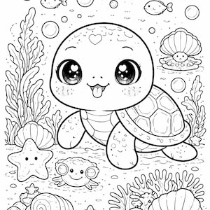 Könnte beinhalten: Schwarz-Weiß-Illustration einer niedlichen Meeresschildkröte mit großen Augen und einem lächelnden Gesicht, umgeben von Blasen, Fischen, Seesternen und Muscheln. Die Schildkröte hat ein Herz auf dem Kopf und streckt die Zunge heraus.