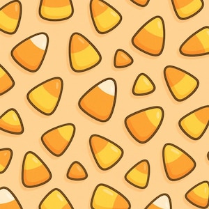 Puede incluir: Patrón repetido de caramelos de maíz de dibujos animados sobre un fondo naranja claro. Los caramelos de maíz están delineados en marrón y tienen tres secciones de color: blanco, naranja y amarillo. El diseño es un tema festivo.