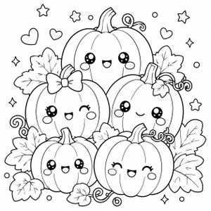 Puede incluir: Una página para colorear en blanco y negro con cinco calabazas lindas con caras sonrientes, mejillas sonrosadas y ojos grandes. Las calabazas están rodeadas de hojas de arce decorativas, corazones pequeños, estrellas y círculos.