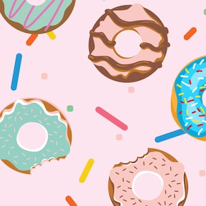 May include: A pink background with colorful sprinkles and nine donuts in various colors and toppings. The donuts are glazed, frosted, and have sprinkles.