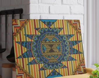 Abstraktes Native Inspiriertes Glas Schneidebrett | Bunte Mandala Küche Dekor | Boho Servierbrett | Künstlerisches Zuhause Geschenk