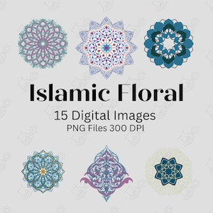Islamische Blumen Digitale Illustration Bundle PNG Clipart-Dateien | Florale Islamische Designs 15 Bild Bundle Sofortiger Download | 15 PNG Bundle