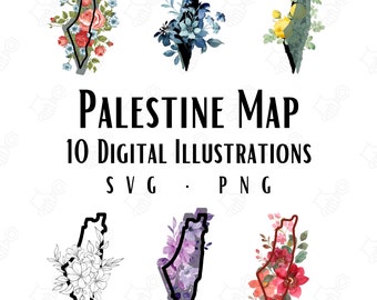 Palestine Map SVG Bundle – 10 Floral Clipart PNG | Sublimation & Cricut Files | Digital Palestine Vector Set