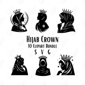 Hijab Crown Silhouette 10 Clipart Bundle SVG Download immediato file vettoriali Musulmano Hijabi Ragazza Donna Corona Trasferimento file Incisione laser in formato svg