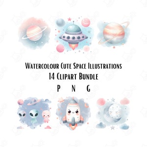 Watercolour Cute Space Themed Clipart Bundle 14 PNG Bundle Nursery Art Sublimation Files Cute Space Watercolor Digital Art Pack png files
