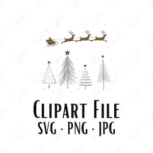 Noche de Navidad SVG, Santa Trineo SVG, Muñeco de nieve Escena Svg, Silueta de reno, Bosque estrellado Svg, Pinos, Santa Silueta svg png jpg