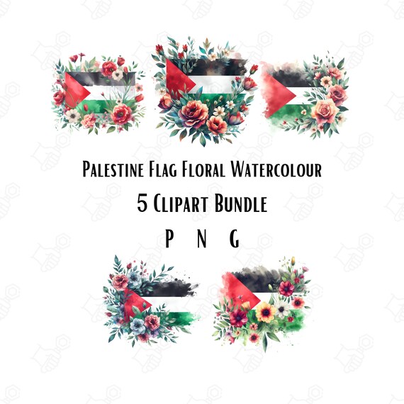 Watercolor Palestine Flag Floral Clipart – 5 PNG Sublimation & Printable Files PNG