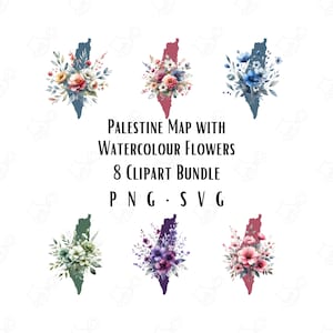 Mapa da Palestina com flores em aquarela 8 clipart pacote PNG SVG em qualidade HD Sublimação Designs Transferir arquivos Arte de parede Arte digital