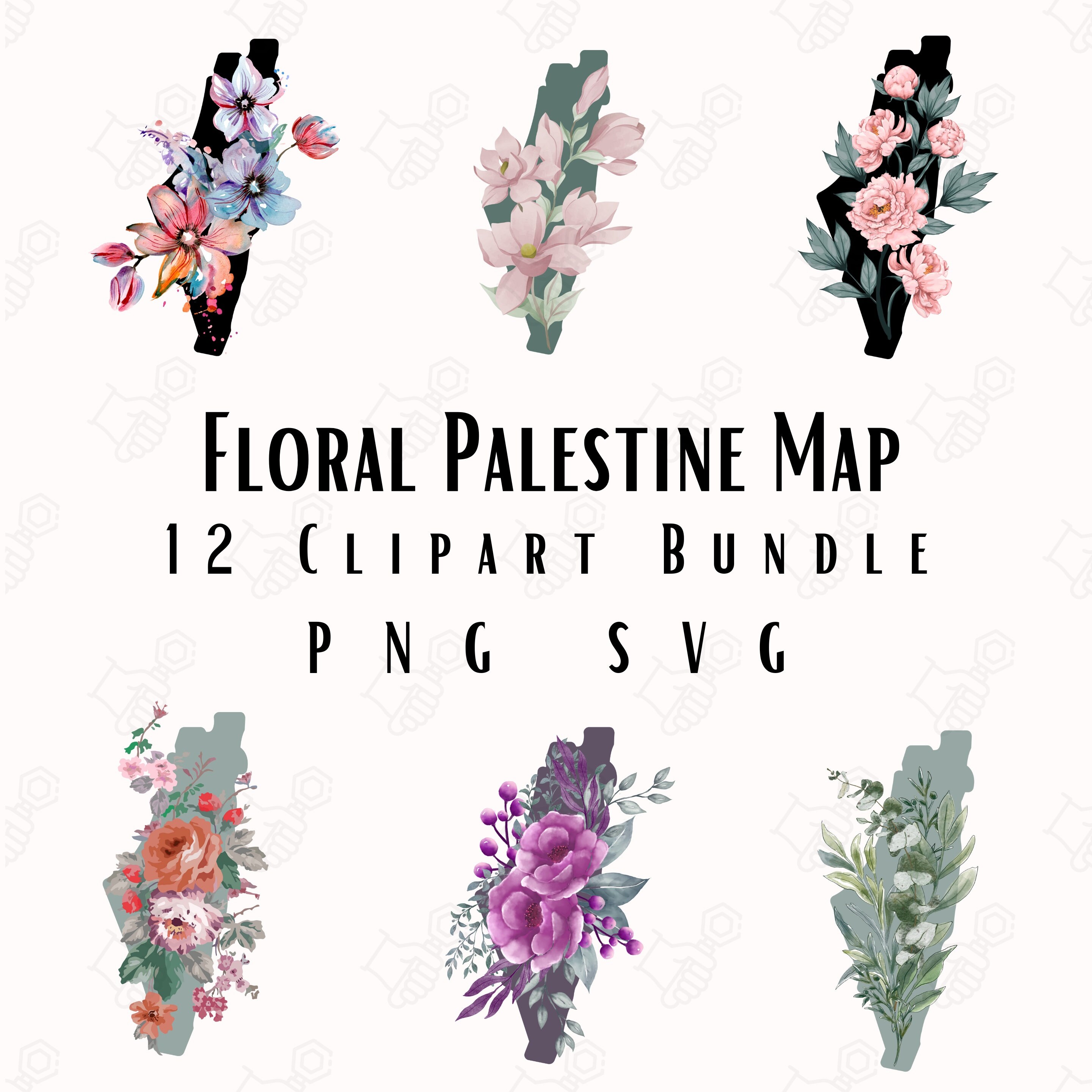 Floral Palestine Map SVG Bundle – 12 PNG & SVG Clipart for Cricut, Sublimation, Printables