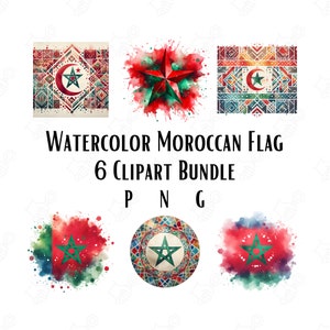 Aquarelle Drapeau marocain Art marocain Digital Clipart Bundle 6 Fichiers PNG Téléchargement instantané Fichiers de sublimation d’art numérique marocain PNG