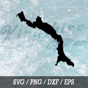 Könnte beinhalten: Schwarze Silhouette einer See- oder Inselform auf einem blau-weißen Wasserhintergrund. Die Dateiformate SVG, PNG, DXF und EPS sind unter dem Bild aufgeführt.