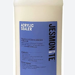 May include: A white plastic bottle of Jesmonite Acrylic Sealer. The label is blue with white text and says "Jesmonite Made From Jesmonite" and "Acrylic Sealer". The label also includes instructions for use and product benefits.