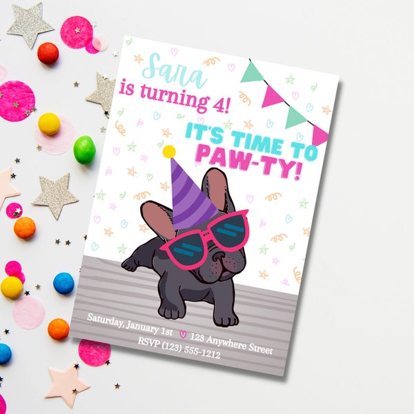 French Bulldog Birthday Invite, Puppy Birthday Party Invite, Frenchie Birthday Party, France Bulldog Party,, France Bulldog Birthday