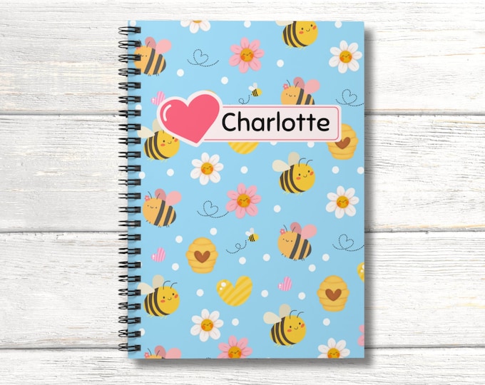 Cute Kids Notebook, Cute Kids Journal, Kids Personalized Journal, Kids Personalized Sketchbook, Journal With Name, Bumble Bee