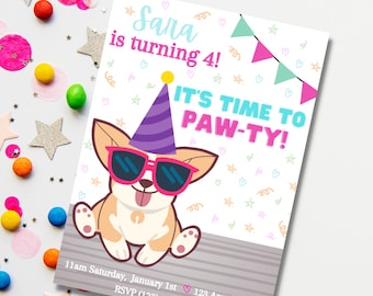 Invitación a la fiesta de cumpleaños del cachorro / Invitación de cumpleaños de Corgi / Fiesta de cumpleaños de Corgi / Invitación de cumpleaños de la niña / Fiesta de Corgi / Invitación de Corgi