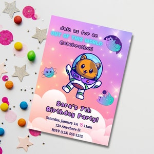 May include: A pink and purple birthday invitation with a cartoon cat astronaut. The invitation says "Join us for an OUT OF THIS WORLD Celebration!" and "Sara's 7th Birthday Party!" with the date and time: "Saturday, January 1st 11am". The address is "123 Anywhere St" and the RSVP number is "(123) 555-1212".
