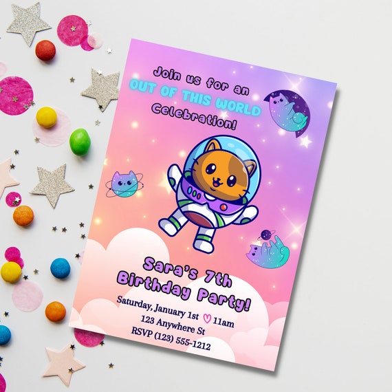 Cute Cat Birthday Invite, Space Cat Birthday, Cute Kitten Birthday, Cat Party Invite, Space Cat, Cat Unicorn, Cute Birthday Invitation