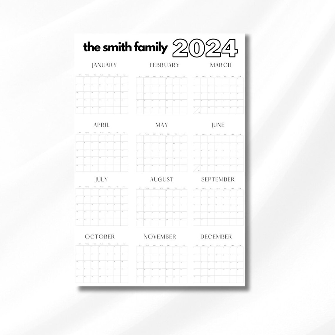 Personalized Family 2024 Calendar, 2024 Year at a Glance Calendar, Full Year Wall Calendar Etsy