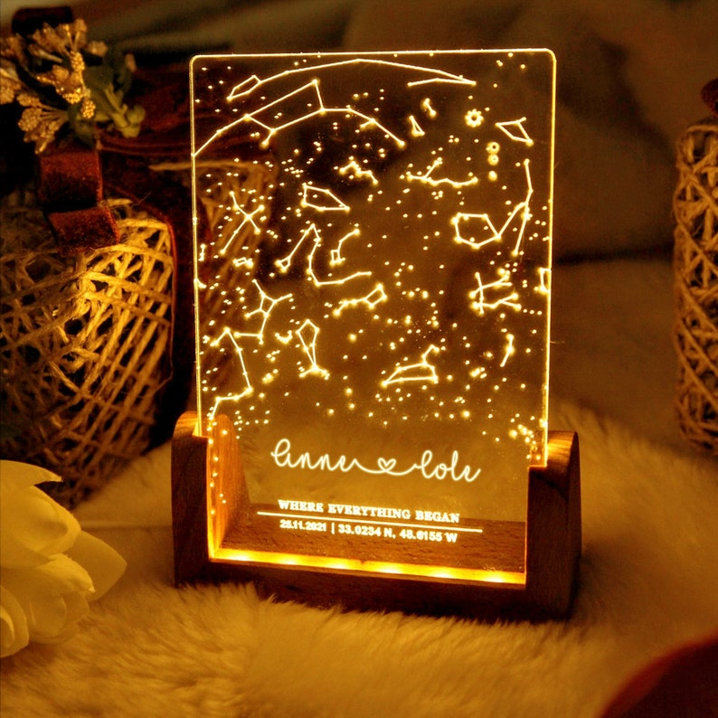 Cadeau voor haar, gepersonaliseerde sterrenbeeldgrafieklamp op maat slaapkamer nachtlampje voor koppels MOM DAD LOVE Family Memorial Day verjaardagscadeau afbeelding 1