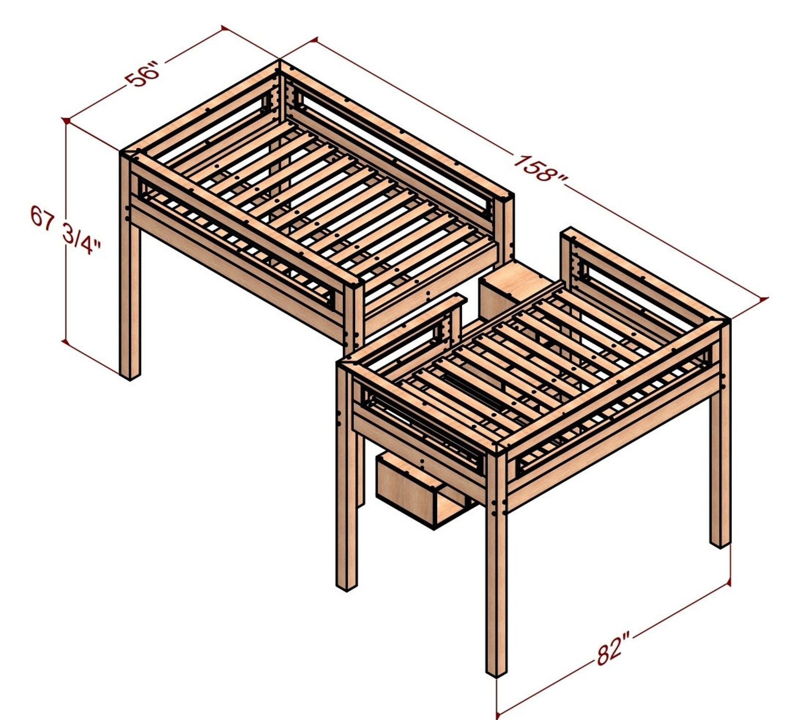 Wooden Full Bunk Bed Plan With Stairs, Shelves and Seating Area - Etsy