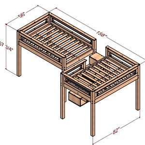 May include: A wooden bunk bed with a built-in desk and storage drawer. The top bunk is 67 3/4 inches tall and 56 inches wide. The bottom bunk is 82 inches wide and 158 inches long.