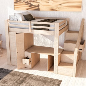 May include: A wooden loft bed with a built-in desk, closet, and stairs. The bed has a white finish and is made of wood. The desk has a drawer and a shelf. The closet has a door that opens to reveal a shelf. The stairs have a drawer on the bottom step.