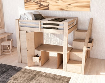 May include: A wooden loft bed with a built-in desk, closet, and stairs. The bed has a white finish and is made of wood. The desk has a drawer and a shelf. The closet has a door that opens to reveal a shelf. The stairs have a drawer on the bottom step.