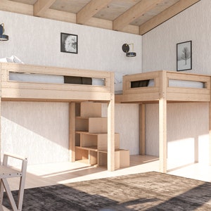 Wooden Full Bunk Bed Plan with Stairs, Shelves and Seating Area