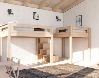 Wooden Full Bunk Bed Plan with Stairs, Shelves and Seating Area