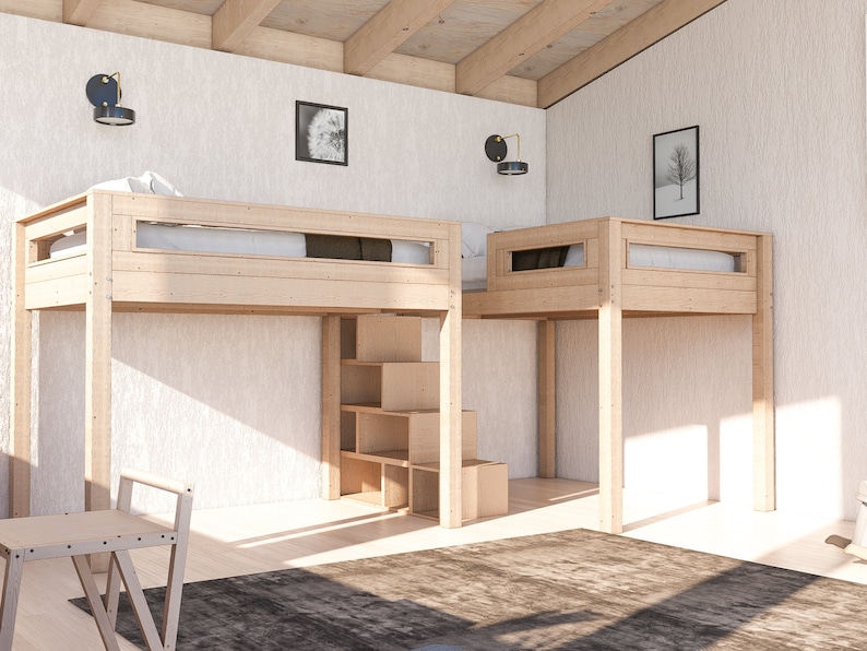 wood bunk bed plan,
DIY bunk bed stairs,
full size bunk bed,
bunk bed with shelves,
cozy seating area,
easy animation guide,
woodworking plan,
download bunk bed,
space saving bed,
wood bed with charm,
bunk bed for kids,
bed with storage,
bunk bed