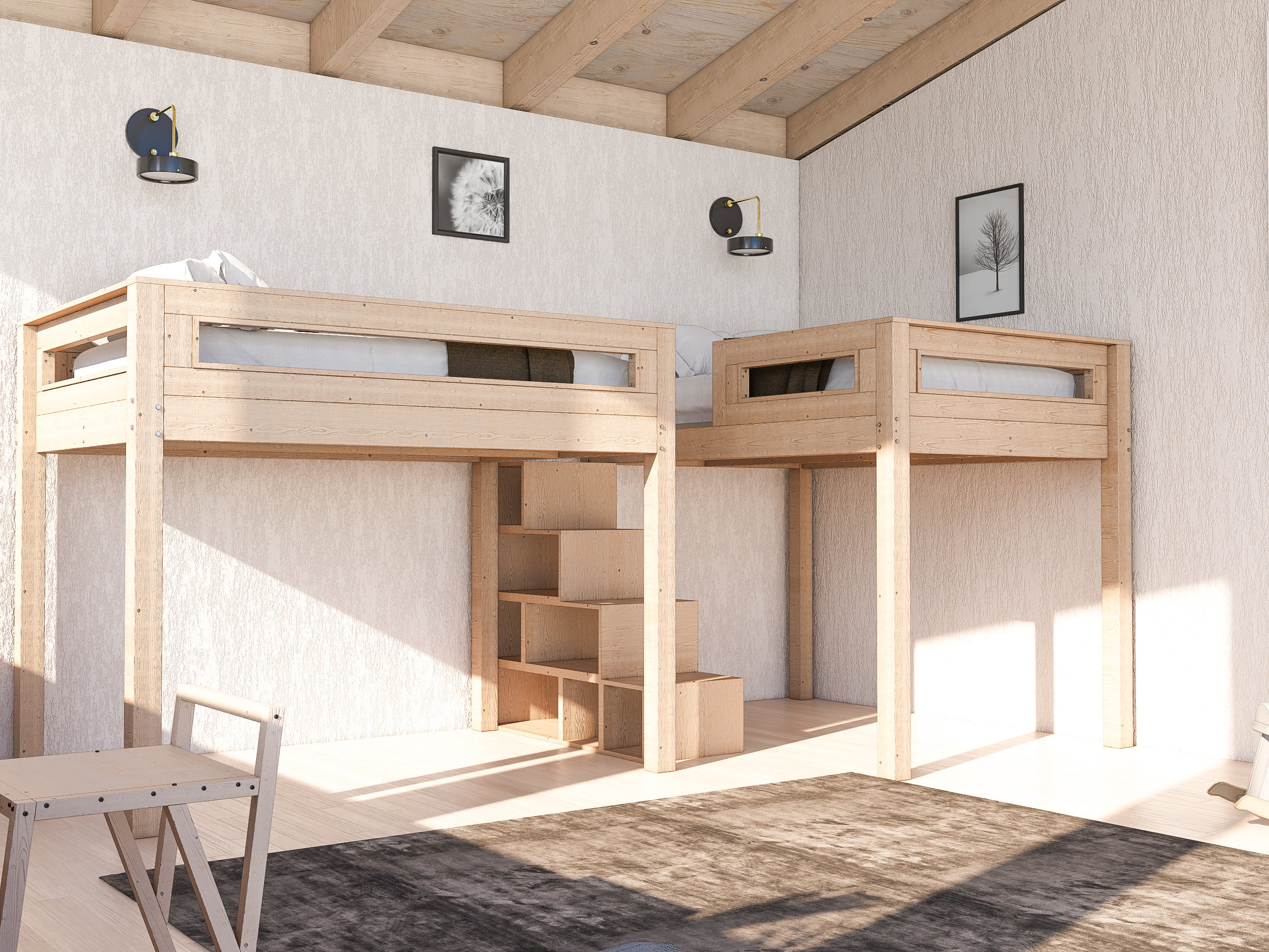 Cama tipo loft multiusos con escritorio y cajones debajo de la cama, cama  alta de madera tamaño individual con estantes de almacenamiento y  escaleras