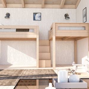 wood bunk bed plan,
DIY bunk bed stairs,
full size bunk bed,
bunk bed with shelves,
cozy seating area,
easy animation guide,
woodworking plan,
download bunk bed,
space saving bed,
wood bed with charm,
bunk bed for kids,
bed with storage,
bunk bed