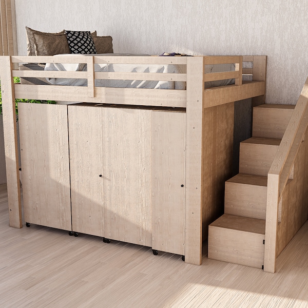 Cómo construir una litera tamaño queen con almacenamiento y muebles - Plan de carpintería de bricolaje