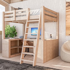 May include: A light wood loft bed with a built-in desk and ladder. The bed is in a room with a large window, a desk, a beanbag chair, and a desert landscape painting. A computer monitor sits on the desk.