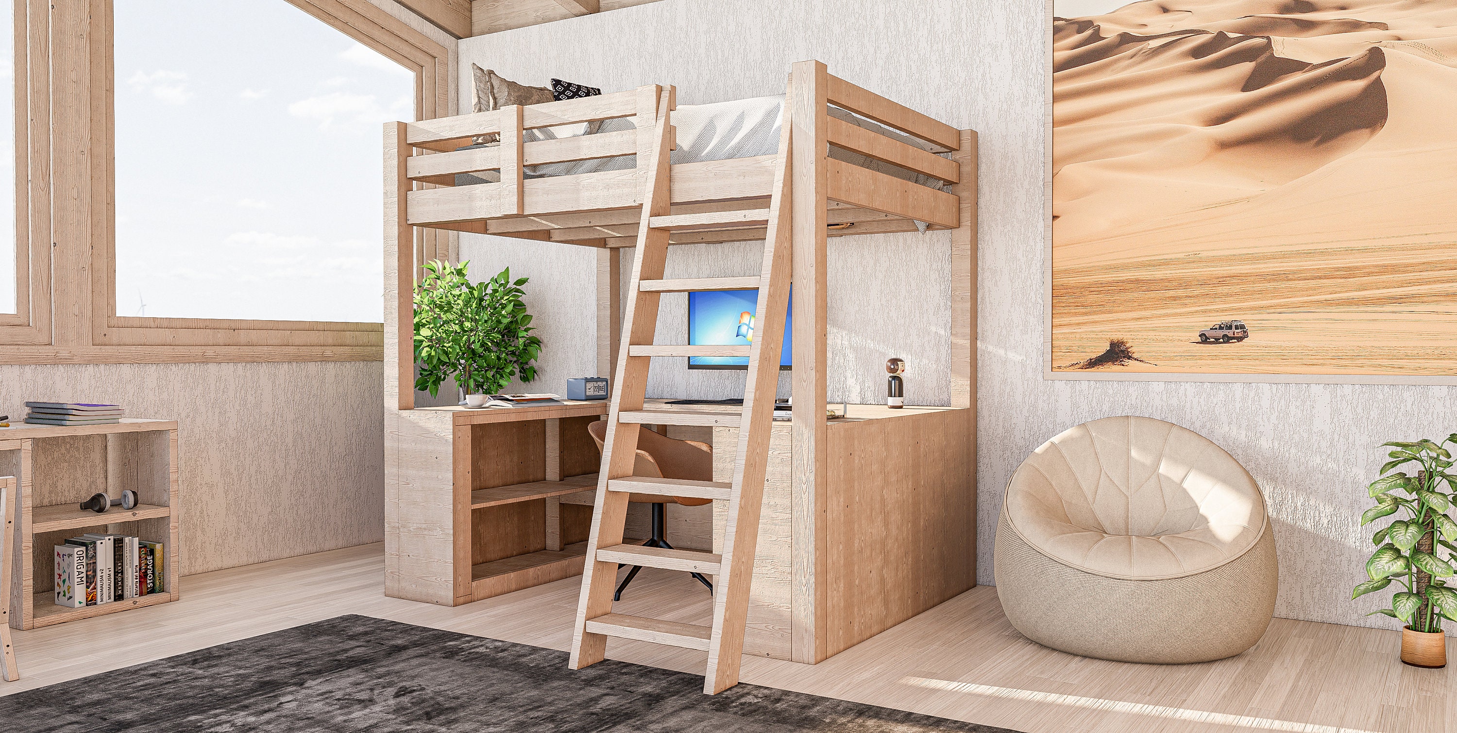 Bed with a desk underneath online