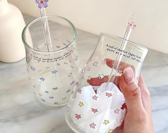 Vaso de cristal con forma de estrella y pajita de flores, 16 oz para café helado, regalo para ella
